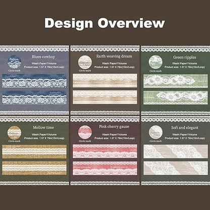 Lace Pattern Washi Tape Set, 6 Rolls Japanese Paper Decorative Stickers with 1 Clip, Lace Fabric for Scrapbooking, Journaling, Craft Supplies, 1.57in x 79in
