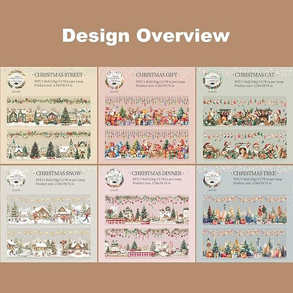Christmas PET Tape Set - Seamless Loop Design with Snowy Villages, Festive Cats and Holiday Scenes, Includes Decorative Clip, Self-Adhesive Rolls for Scrapbook, Journal and DIY Decor