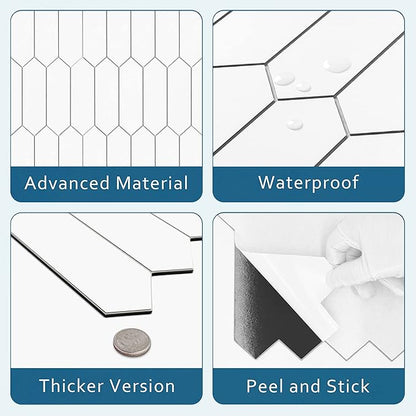 SUNWINGS Backsplash for Kitchen Peel and Stick, Stone Composite Self Adhesive Tiles Long Hexagon Mosaic Wall Tile, 12 Inch x 11.22 Inch 10 Sheets White