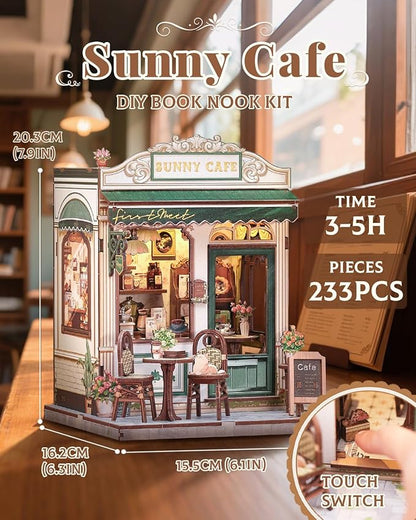 CUTEBEE Book Nook Kit - DIY Miniature House Dollhouse Kit for Adult and Teens, Booknook Bookshelf Decor Alley Model Build with LED Light, Gifts for Family and Friends (Sunny Cafe)