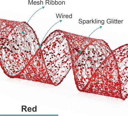 CT CRAFT LLC Sparkling Glitter Mesh Wired Ribbon 2.5" x 20 Yards Red for Christmas Home Decor Bow Gift Wrapping DIY Crafts Wreath