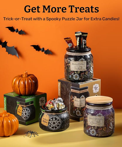 PieceRelax 3D Puzzle Jar 64 Plastic Pieces for Adults - Witches Brew - Wooden Lid Container for Kitchen Dining Study Living Room No Glue Requied Small [BC1022]