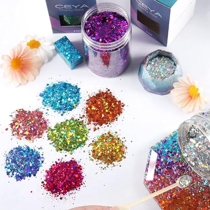 Ceya Holographic Chunky Glitter, 4.9oz/ 140g Diamond Gold Craft Glitter Powder Mixed Fine Flakes Iridescent Nail Sequins for Nail Art, Hair, Epoxy Resin, Tumblers, Slime, Painting, Festival Decor