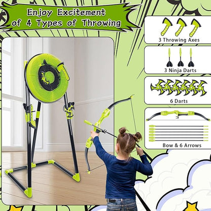 Axe Throwing Game for Backyard - 4 in 1 Outdoor Games for Kids Adults Family - Bristle Target, Bow & 5 Arrow, 3 Throwing Axes, 3 Ninja Stars, 6 Darts Includes - Archery Games for Yard Lawn Carnival