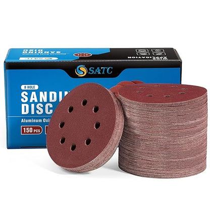 S SATC 150PCS 5 Inch 8 Holes Dustless Hook and Loop Sanding Discs, 240 Grit Sandpaper for Random Orbital Sander