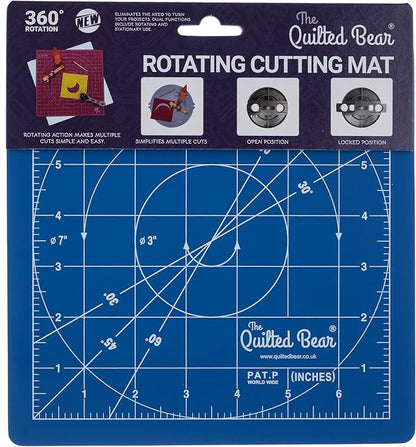 The Quilted Bear Rotating Cutting Mat 7" x 7" - Locking & Rotating Self Healing Cutting Board for Sewing, Fabric & Effortless Quilting - 360 Degree Sewing Supplies Mat for Craft Table (Blue)