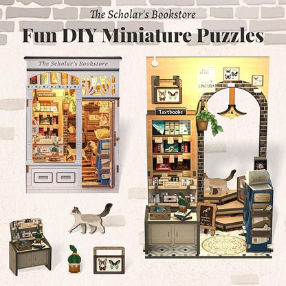 Fsolis Book Nook Kit - DIY Miniature Dollhouse Kit 3D Puzzles for Adults Tiny House Mini Booknook Craft Bookshelf Decor, 168 Wooden Pieces, Gifts for Women Book Lovers(The Scholar's Bookstore)