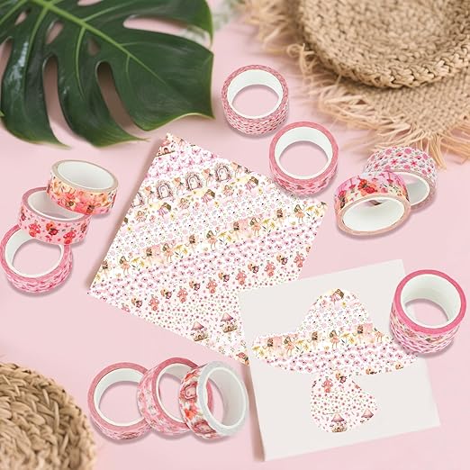 12 Rolls Fairy Washi Tape Set, Fairy Mushroom Butterfly Floral Decorative Tape, Pink Watercolor Masking Tapes for Scrapbooking Journaling Party Supplies, DIY Art Crafts, Gift Wrapping 16.4FT