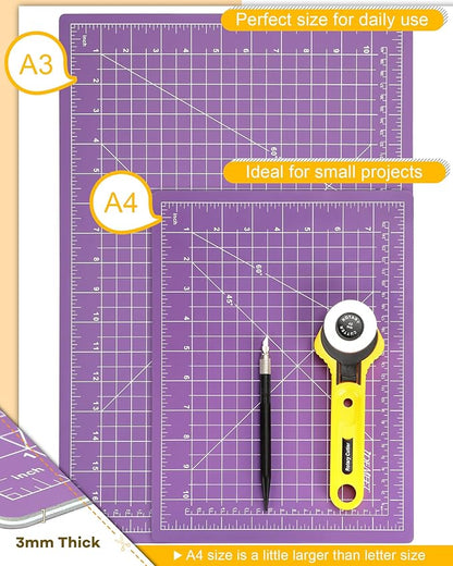 Thickened 18"x12" Self Healing Cutting Mat, Idemeet Rotary Cutting Sewing Mat for Crafts, 5-Ply Blade Table Protector Cut Board for Fabric Leather Cutting Quilting Modeling Hobby Project, A3, Purple
