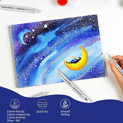 Silver Gel Pens 3-Pack - 0.6/0.8/1.0mm Fine Point Opaque Silver Archival Ink Pen for Black Paper Drawing, Sketching, Illustration, Bullet Journaling