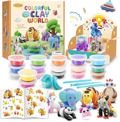 Drama Planet Air Dry Clay Kit for Kids - Comes with Instructional Guide Featuring 4 Scenes & 26 Projects Tutorials, 18 Cans of Modeling Clay, Includes Display Stand, Gift for Girls and Boys