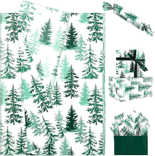 100 Sheets Christmas Tree Tissue Paper, 20x14in Forest Style Wrapping Tissue Watercolor Xmas Tree Art Tissue for Xmas Party Gift Bag Fillers Winter Party Decor (Blush Green)