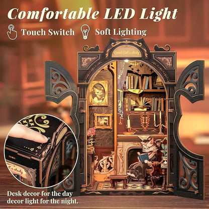 Fsolis Book Nook Kit DIY Scene Miniature Dollhouse Kit, 3D Puzzles for Adults, 108 Wooden Pieces, Bookshelf Decor Tiny House Mini Booknook Craft, Gift for Women Scale Model Lovers (Count Cat's Study)