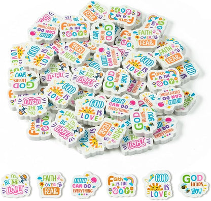 60Pcs Christian Inspirational Mini Eraser Back to School Inspirational Faith Over Fear Pencils Erasers Colorful Sun Bee Flowers 3D Desk Puzzle Erasers Pet for Student Back to School Supplies
