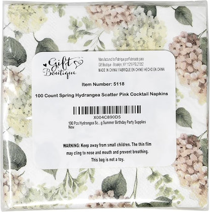 100 Pcs Hydrangea Scatter Floral Cocktail Beverage Napkins Hydrangeas Flowers Disposable Paper Dessert Napkin for Spring Summer Birthday Party Supplies