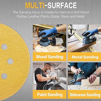 100PCS 5 Inch 8 Hole Sanding Discs 80 Grit,Gold Round Hook and Loop Sandpaper for Random Orbital Sander