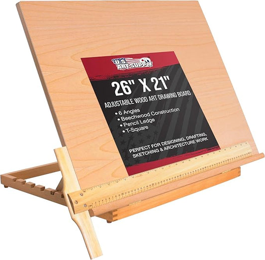 U.S. Art Supply X-Large 26" x 21" Adjustable Wood Art Drawing Board - 6 Angles, Beechwood Construction, Pencil Ledge, 24" T-Square - Ideal for Design, Drafting & Architecture Work