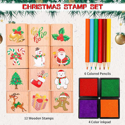 Christmas Stamps Set, Wooden Rubber Stamp with Ink Pad Colored Pencil, Holiday Square Craft Stamp for Stamping Scrapbooking Crafting Booking Card Making Stocking Filler,Christmas Favor Gift