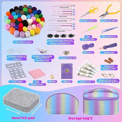 Mayboos Needle Felting Kit, 50 Colors Wool Roving Set, Needle Felting Starter Kit for Beginners with Wool Felting Tool Mat Needle Felting Supplies for DIY Crafts Home Decoration