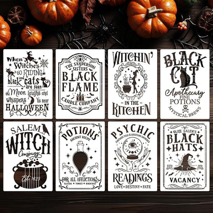 Halloween Stencils for Painting 11.7”x8.26” Reusable Halloween Stencil A4 Skeleton Witch Black Cats Draw Templates for Wood Signs Walls Windows Door Mat Fabrics