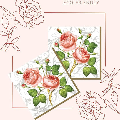 20-ct 13x13 Flowers Paper Luncheon Decoupage Napkins, 3-Ply Servilletas Printed Baby Roses Cocktail Napkin for Art, Dinner and Party, Disposable Napkins Decor