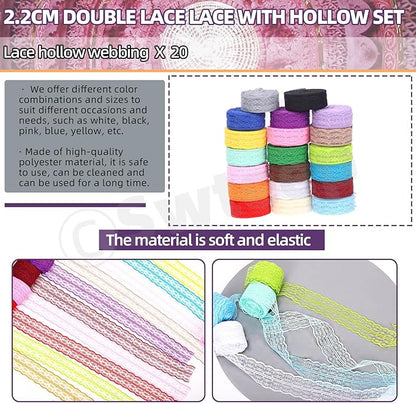 Swpeet 20 Rolls in Total 200 Yards 2.2cm×10 Yards Colorful Lace Ribbon Unilateral Floral Pattern Fabric Lace Ribbon, Lace Trim Ribbon Crafting Lace for Wedding Decorating, Sewing Gift Wrapping