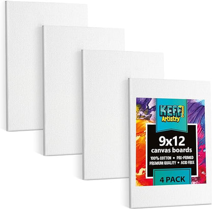 KEFF Canvas Boards for Painting - 9x12 4-Pack Bulk Canvas Panels Value Pack - 100% Cotton Triple Primed Canvases for Painting Supplies, Acrylic, Oil, Watercolor & Tempera