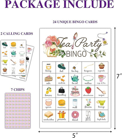 Tea Party Bingo Cards, Tea Bridal Party Games Bingo Cards, School Party, Birthday, Garden Tea Party Favors Supplies Decorations, 24 Players Bingo Game (A02)