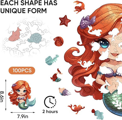 Wooden Puzzles for Adult and Kids, 100 Pieces Ocean Puzzle, Unique Shaped Mermaid Wooden Preschool Puzzle, Toddler Wooden Puzzle Toy Gift for Family and Friends, Suitable for Family Games