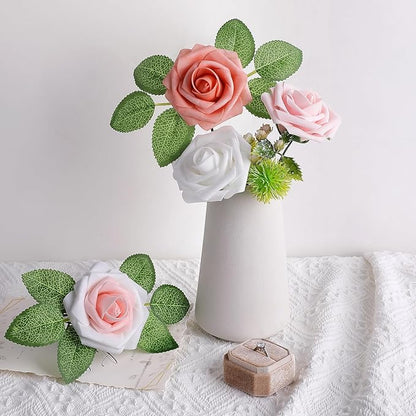 AmyHomie 25pcs Real Looking Artificial Shades of Blush Roses w/Stem for DIY Wedding Bouquets Centerpieces Arrangements Party Baby Shower Home Decorations