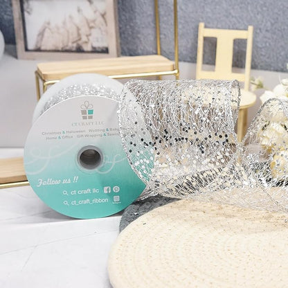 CT CRAFT LLC Sparkling Glitter Mesh Wired Ribbon 2.5" x 10 Yards Silver for Christmas Home Decor Bow Gift Wrapping DIY Crafts Wreath