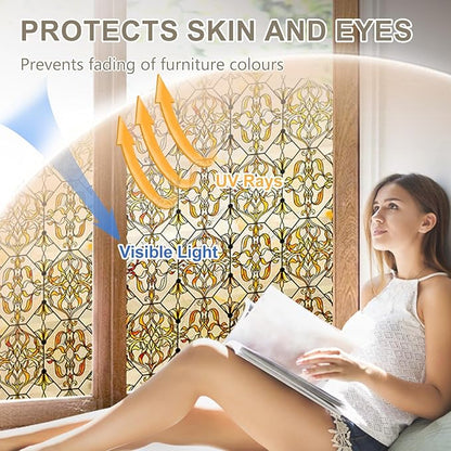 3D Stained Glass Window Privacy Film, Heat Control UV Blocking Static Cling Decorative Window Film for Bathroom,Front Door,Home Non Adhesive 16.9 x 78.7 inches Golden Filigree