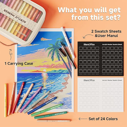 MemOffice Direct Liquid Acrylic Paint Markers, 24 Colors Brush Tip Pens with Carrying Case, No Bleed, Waterproof, for Rock, Wood, Canvas, Glass, Fabric, DIY Crafts for Adults & Kids