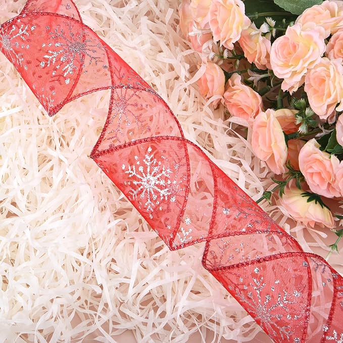2.5 Inch Wide Christmas Wired Ribbon Snowflake Organza Sheer Glitter Ribbon for Xmas Tree, Wreath, Party Decoration, Gift Wrapping (Red, 10.9 Yards)