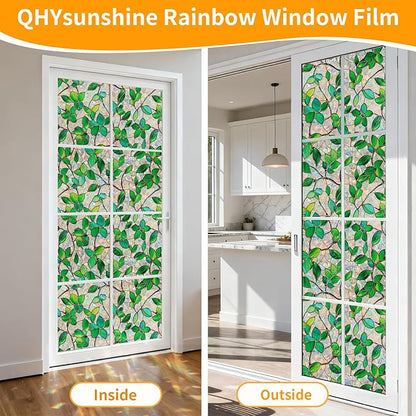 Stained Glass Window Privacy Film Decorative Rainbow Static Clings – Ideal for Home & Office, Adhesive-Free, Removable, UV-Blocking (Green Rainbow, 17.5 X 78.7 in)