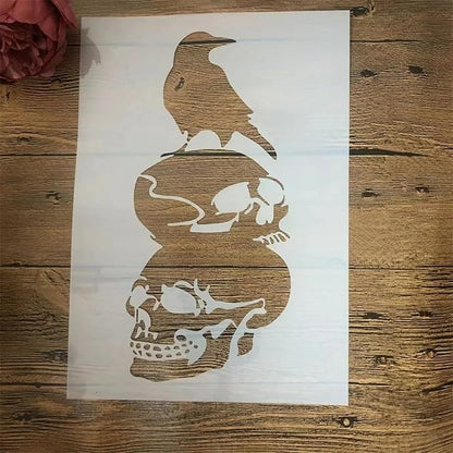 TIAMECH A4 Reusable Halloween Crow Skull Stencil for Painting - Horror Ghost Atmosphere Layering Template, DIY Wall Art, Wood Furniture, Scrapbook & Crafts (8.3x11.7inch)