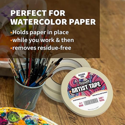 3 Pack White Artist Tape - Masking Artists Tape for Drafting Art Watercolor Painting Canvas Framing - Acid Free 0.4 Inch Wide 180FT Long