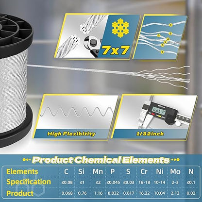 316 Stainless Steel Cable, 400FT 1/32IN Wire Rope with 100Pcs Aluminum Sleeves Stops, for String Lights Hanging, Clotheslines, Trellis Wire