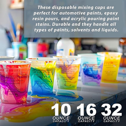 TCP Global Complete Paint Mixing Kit - 12 Cups with Lids, Mixing Sticks, Paddles, Strainers - Epoxy Resin Measuring Cups, Plastic Paint Cup Containers for Automotive & Art Projects