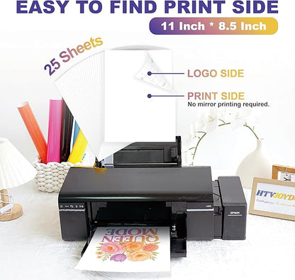 HTVJOYDO Iron-On Heat Transfer Paper for T-Shirts, 25 Sheets 8.5x11", Iron on Vinyl for Dark Fabric, Printable Heat Transfer Vinyl for Inkjet Printer, Perfect for Summer Crafts