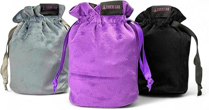 Luck Lab Velvet Drawstring Dice Bag - Set of Three Colors - Dungeons and Dragons Fabric/Standing Cotton Fabric Dice Bags/D&D Dice Pouch/Small Pouch/Velvet Jewelry Bag (Purple, Black, Grey)