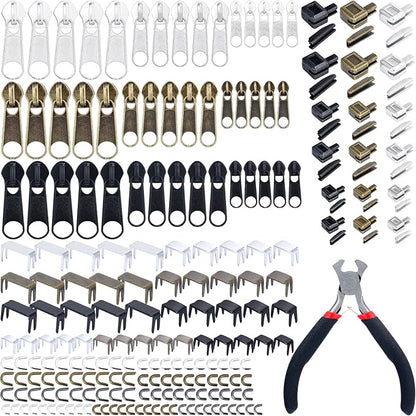 217 Pieces Zipper Repair Kit Replacement, Zipper Pulls, Head Slider, Installation Tools, Stopper Slider Repair Tool Kit for Metal Plastic Nylon Coil Jacket Zippers (Size 8/5/3)