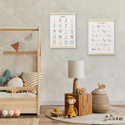 BONETAT Numbers alphabet poster for Nursery Toddlers, Play Room Wall Decor, ABC Wall Chart, Wall Hanging Decor for Toddler Playroom Decor Kids Wall Decor, Wooden Alphabet Banner-A02