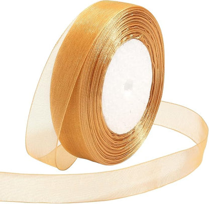 Ribbon for Gift Wrapping 3/4 inch Gold Sheer Organza Ribbon for Flower Bouquet Tulle Thin Chiffon Ribbons for Wedding Invitations Christmas Halloween Presents Decorations Crafts 50 Yards