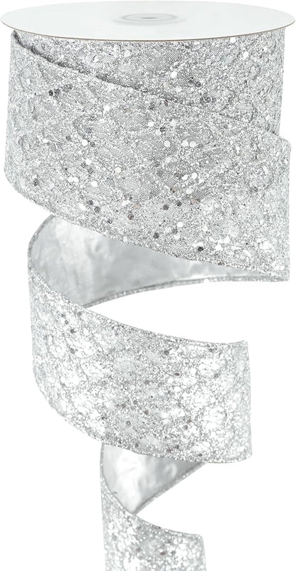 HUIHUANG Silver Glitter Wired Ribbon for Christmas Tree 2.5 inch Silver Diamond Mesh Ribbon for Tree Decoration, Wreaths, Garland, Gift Wrapping, Large Bows Making, Home Decor -10 Yards