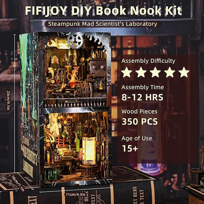 Book Nook Kit, Steampunk DIY Booknook Kits for Adults and Teens, 3D Wooden Puzzle Bookend Miniature Dollhouse Kit Creative Bookshelf Insert Decor with LED Light (Mad Scientist's Lab)