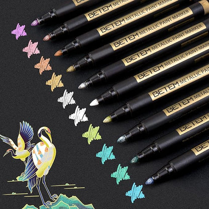 Betem Metallic Paint Markers, 10 Colors Acrylic Paint Metallic Markers for Black Paper, 2mm Medium Tips Glitter Pens Scrapbooking Supplies, Pumpkin Painting Kit for Rock Painting, Cards, Photo Albums