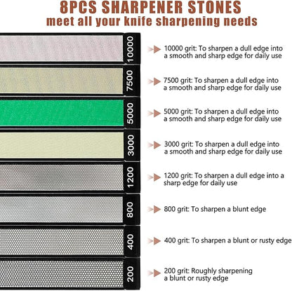 RUIXIN PRO 8 Pcs Diamond Knife Sharpening Stones for RUIXIN PRO RX-008 RX-009 Knife Sharpener Fixed - Angle Kit, Professional Whetstone Set With Base: 200/400/800/1200/3000/5000/7500/10000 Grit
