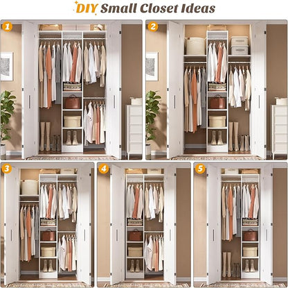 48" Small Closet Organizer, 4FT Small Closet System with 4 Closet Rods & 3 Shelves, 80"H Small Closet Organizers and Storage for Small Bedooms, Cloakrooms, Laundry Rooms, White