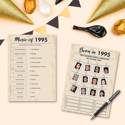 QUPT 30th Birthday Party Games, Set of 5 Activities for 10 Guests, Born in 1995 Games Bundle, Birthday Party Supplies for Adults, Pack of 50 Cards